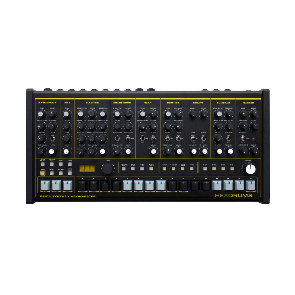 Black and yellow drum machine with many knobs, buttons, and pads labeled with various drum sound parameters.