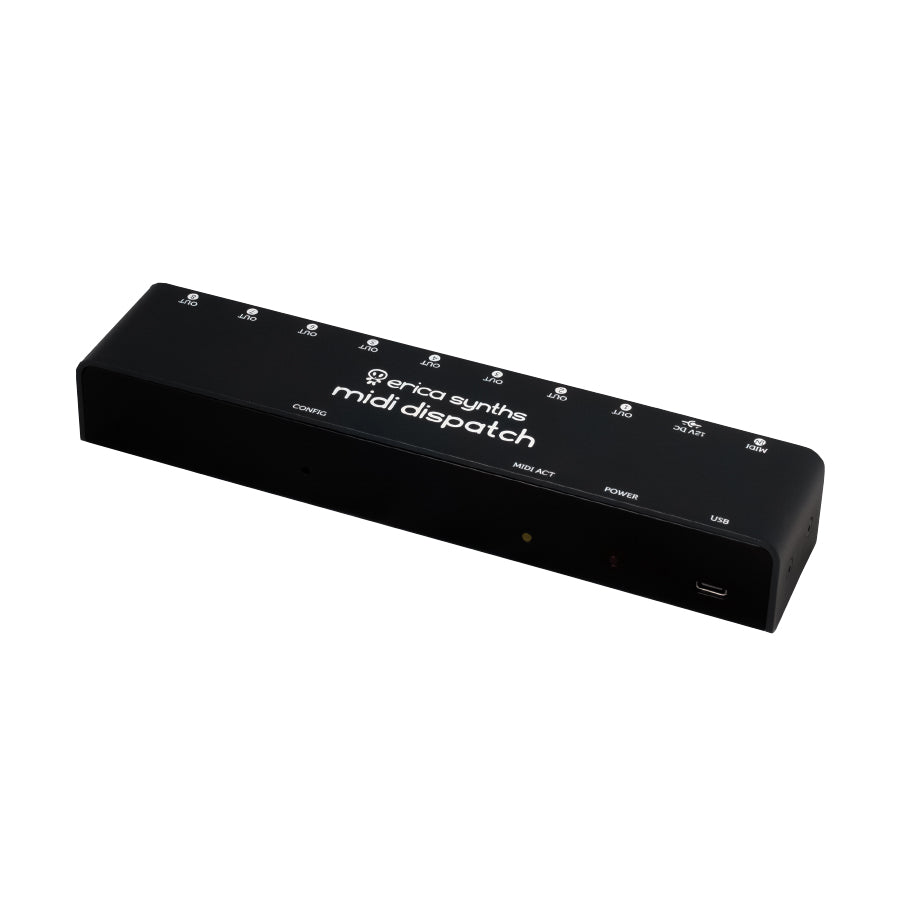 Black Erica Synths MIDI Dispatch device with multiple MIDI out ports and USB Type-C connector.