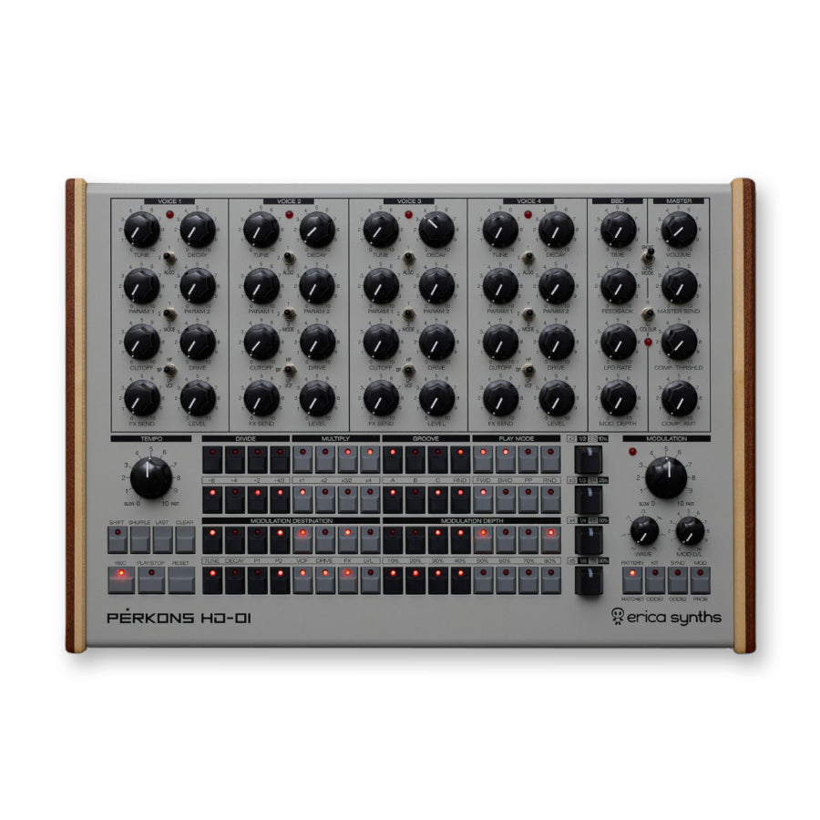 Top view of a grey and wooden edged electronic drum machine with multiple rotary knobs and illuminated buttons.