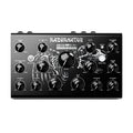 Black electronic device with multiple labeled knobs, a button, and decorative white graphics on the front panel.