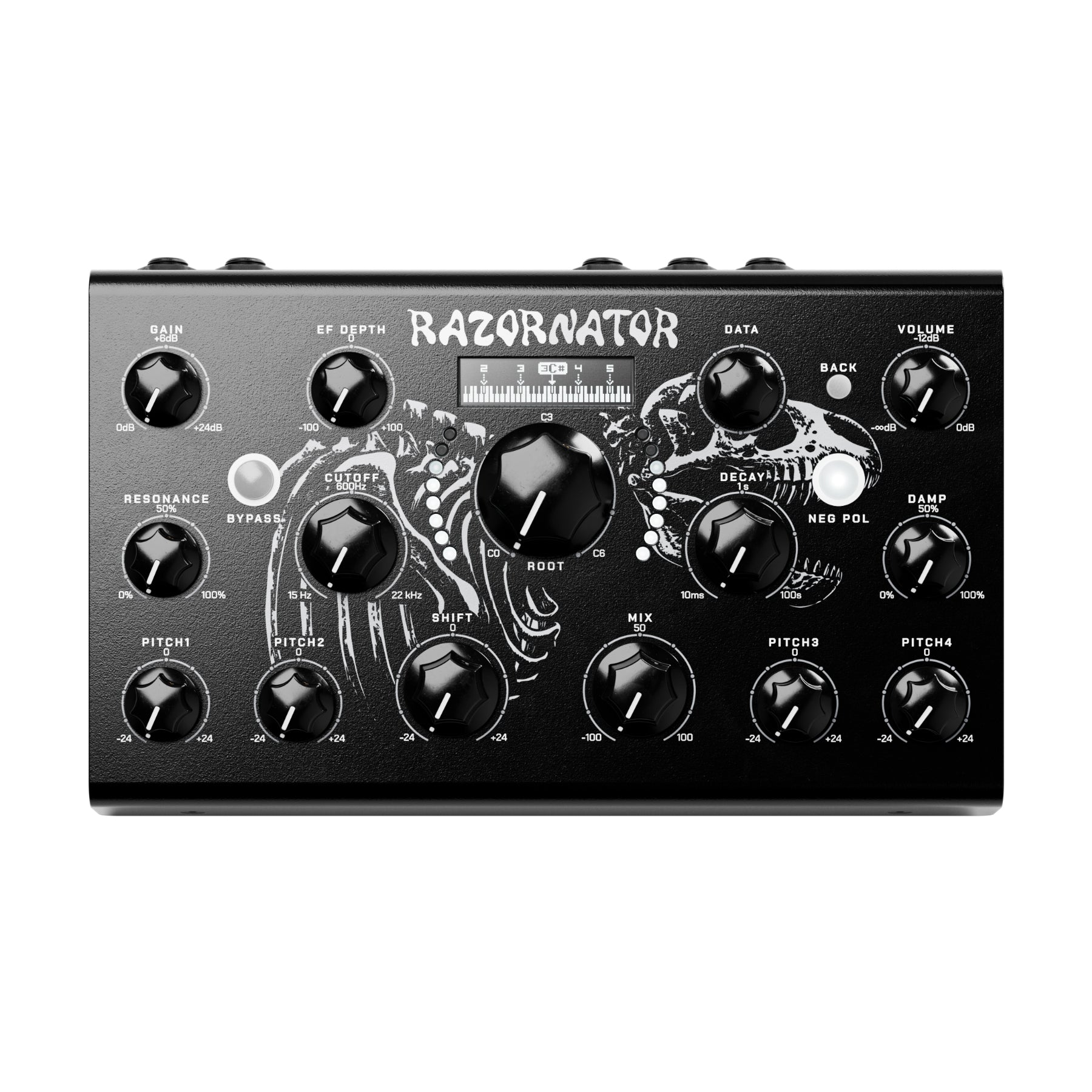 Black electronic device with multiple labeled knobs, a button, and decorative white graphics on the front panel.