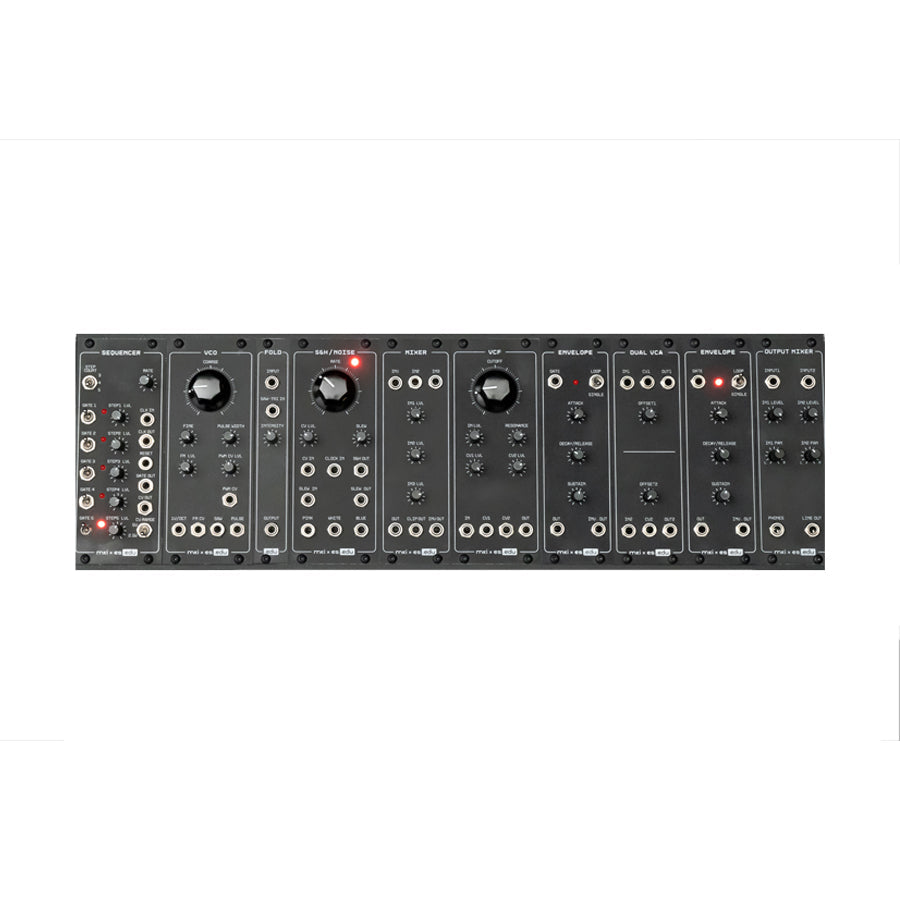 Black eurorack synthesizer module with multiple sections, knobs, switches, and 3.5mm jacks on a white background.