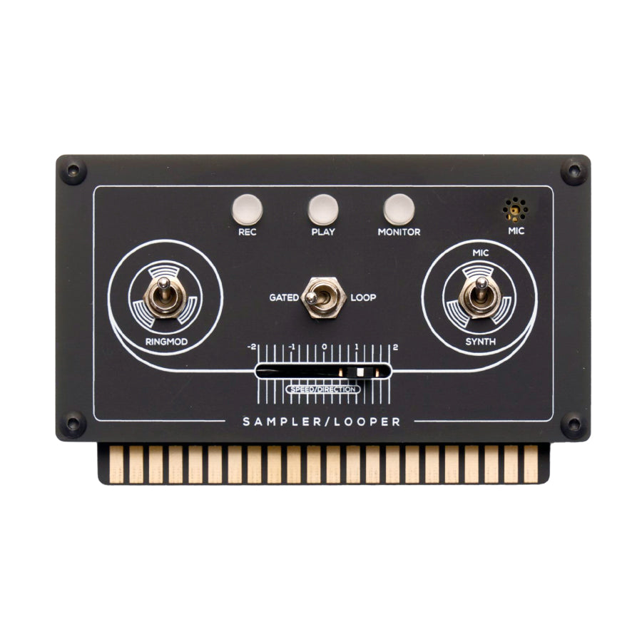 Black sampler/looper card with toggle switches, buttons, slider, and gold edge connector contacts.