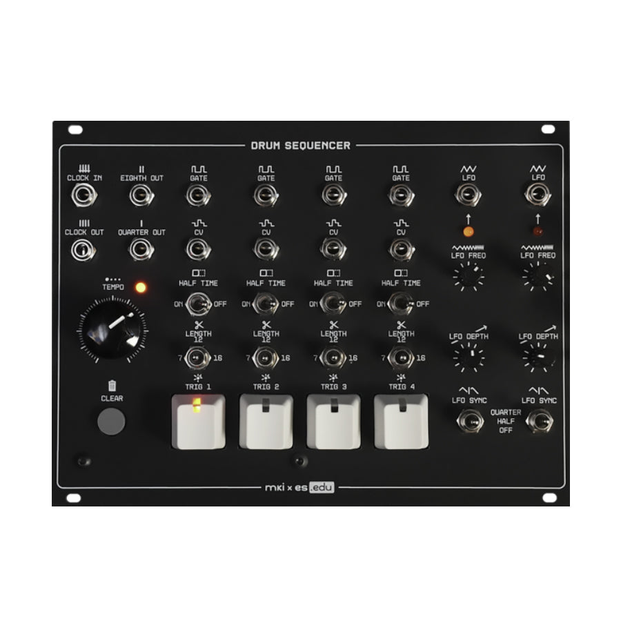 Black drum sequencer module with multiple jacks, knobs, buttons, and labeled controls.