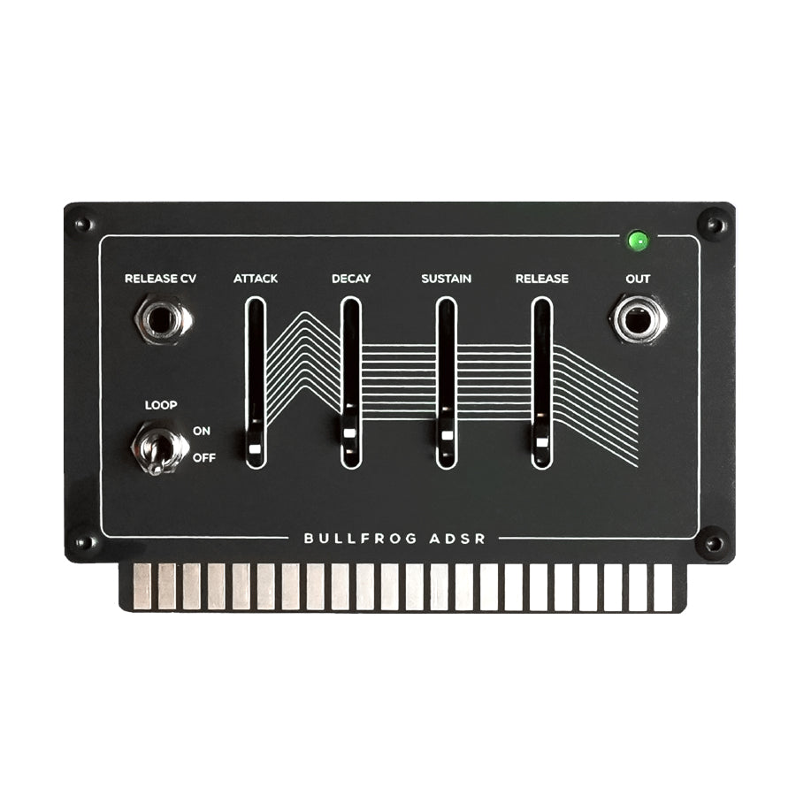 Black module with four sliders, toggle switch, two 3.5mm jacks, and edge connector labeled Bullfrog ADSR.