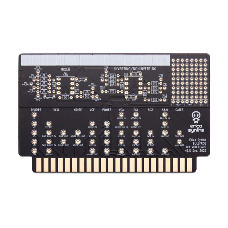 Black Erica Synths Bullfrog DIY Voice Card PCB with multiple audio jacks and gold edge connector shown from the front.