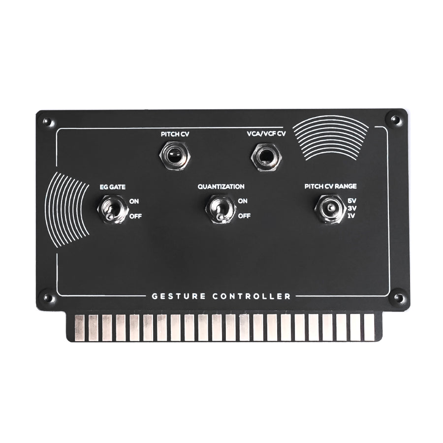 Black gesture controller module with toggle switches, jack sockets, and an edge connector.