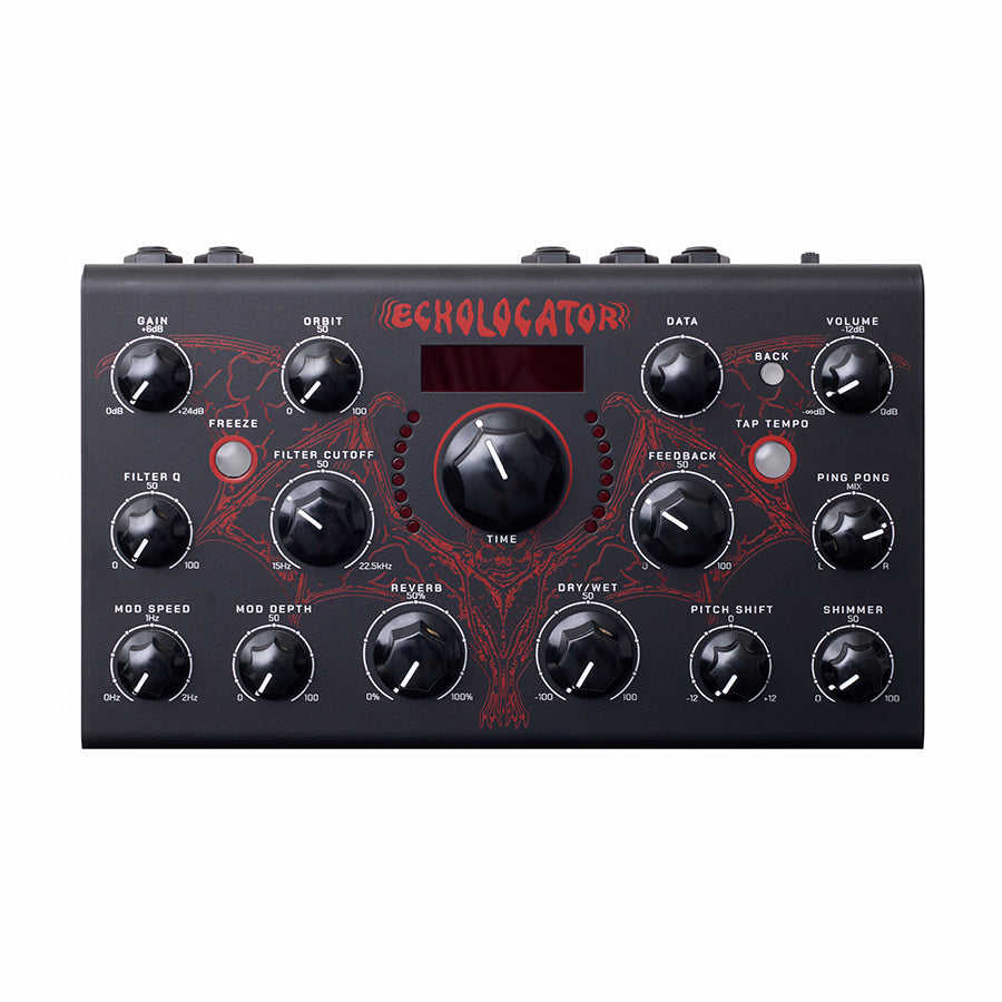 Black Erica Synths Echolocator device with multiple black knobs, buttons, and red graphic design.