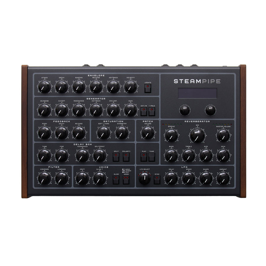 Black synthesizer panel with multiple knobs, switches, and a display screen labeled STEAMPIPE
