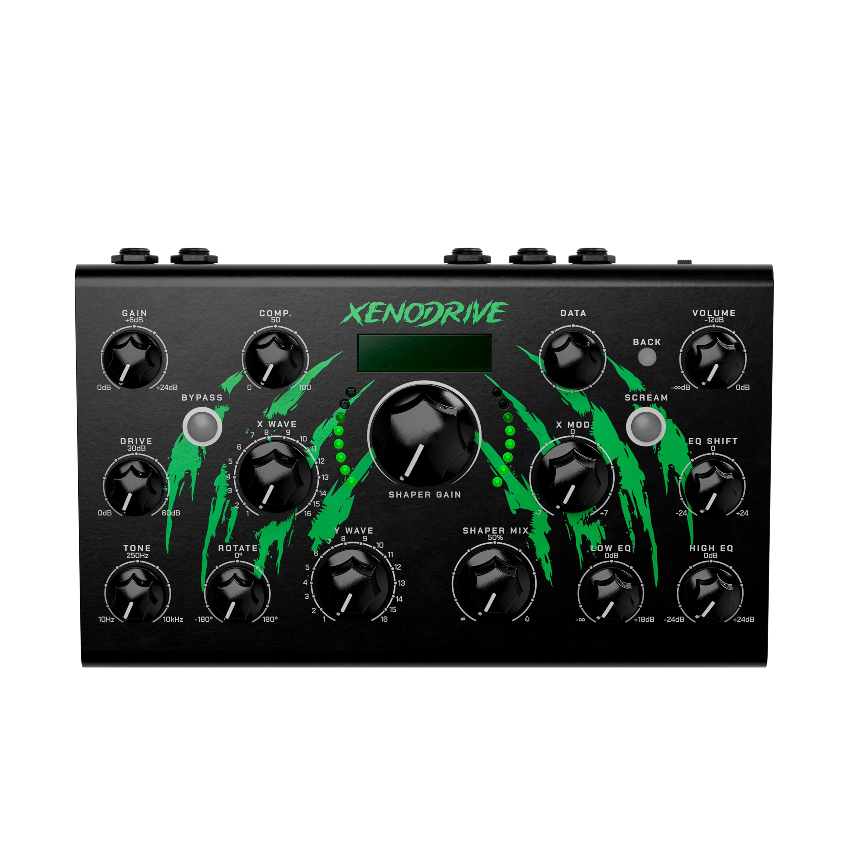 Black audio device with multiple control knobs, buttons, a digital screen, and green graphic text 'XENODRIVE' on top.