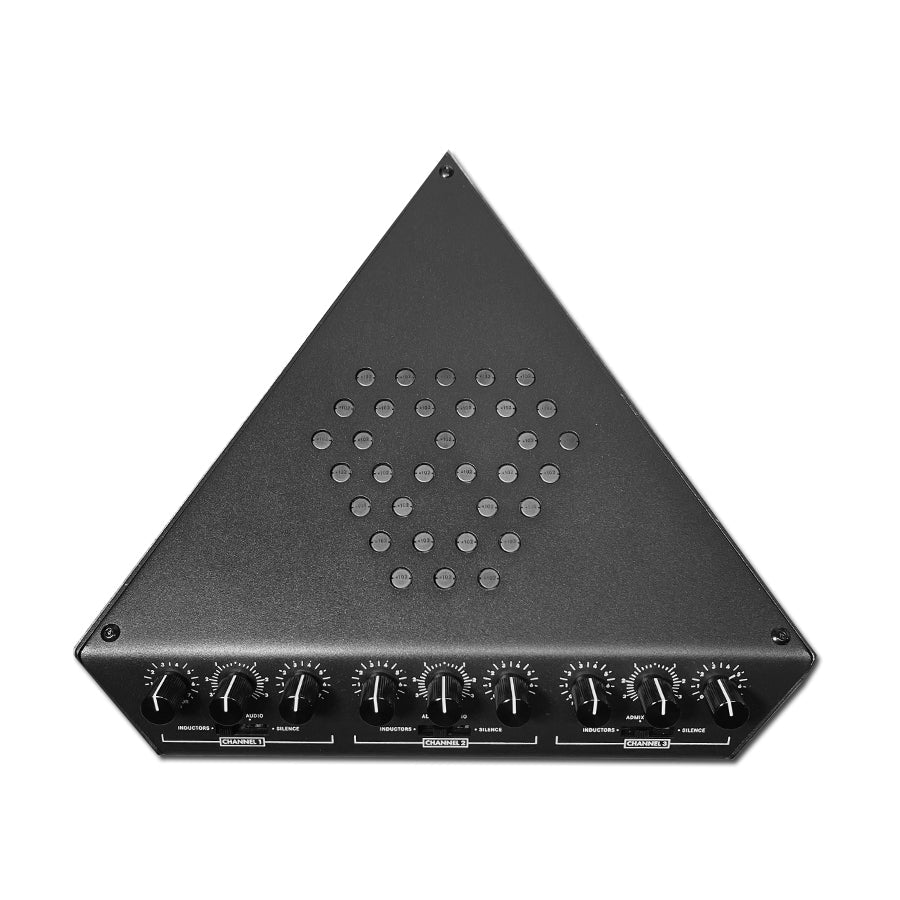Black triangular audio device with multiple rotary knobs for three channels and perforated top surface.