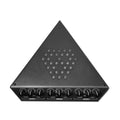 Black triangular audio device with multiple rotary knobs for three channels and perforated top surface.
