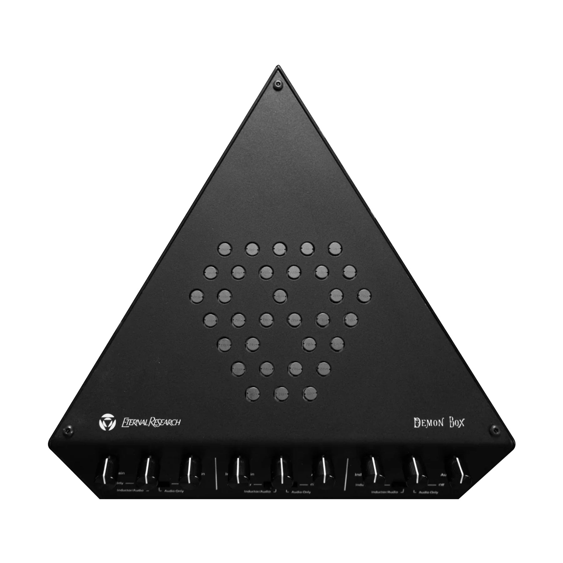 Black triangular electronic device with multiple knobs and ventilation holes arranged in a pattern on top.