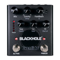 Black Eventide Blackhole pedal with multiple control knobs and two footswitches labeled ACTIVE and FREEZE.