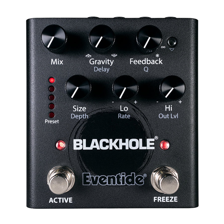 Black Eventide Blackhole pedal with multiple control knobs and two footswitches labeled ACTIVE and FREEZE.