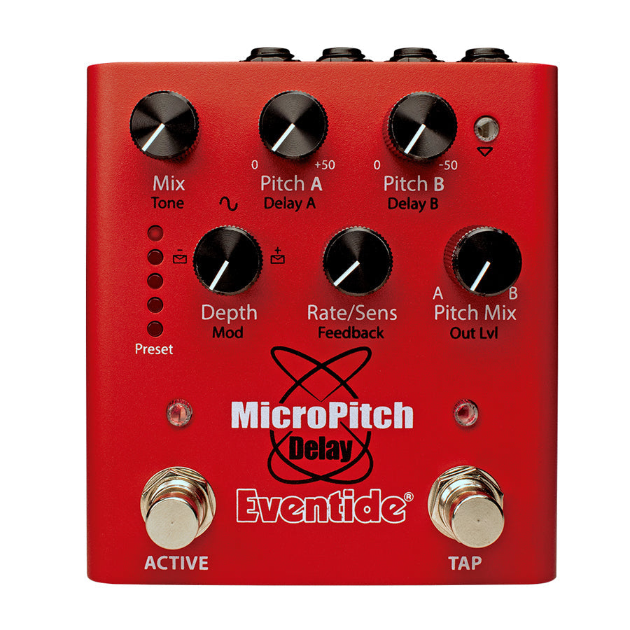 Red Eventide MicroPitch Delay guitar pedal with black knobs and two footswitches labeled Active and Tap.