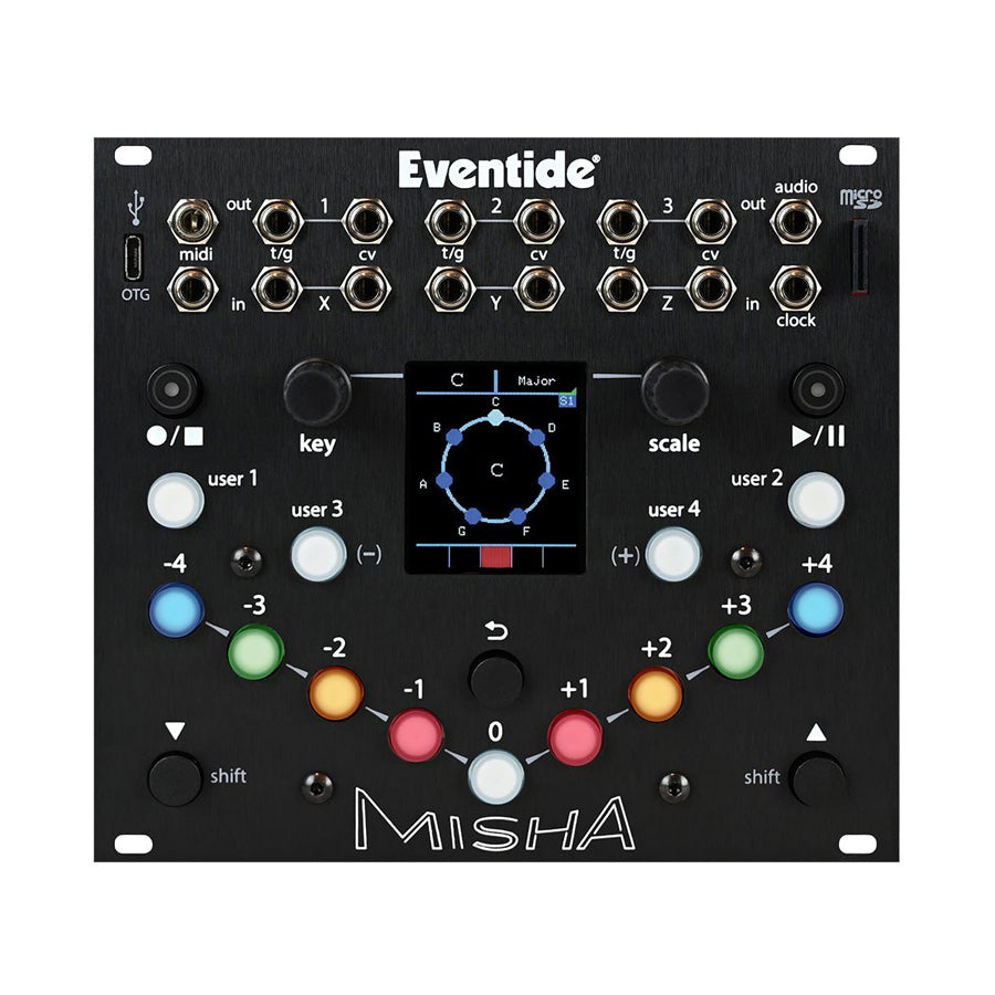 Black Eventide Misha eurorack module with multiple jacks, knobs, buttons, a small screen, and microSD card slot.
