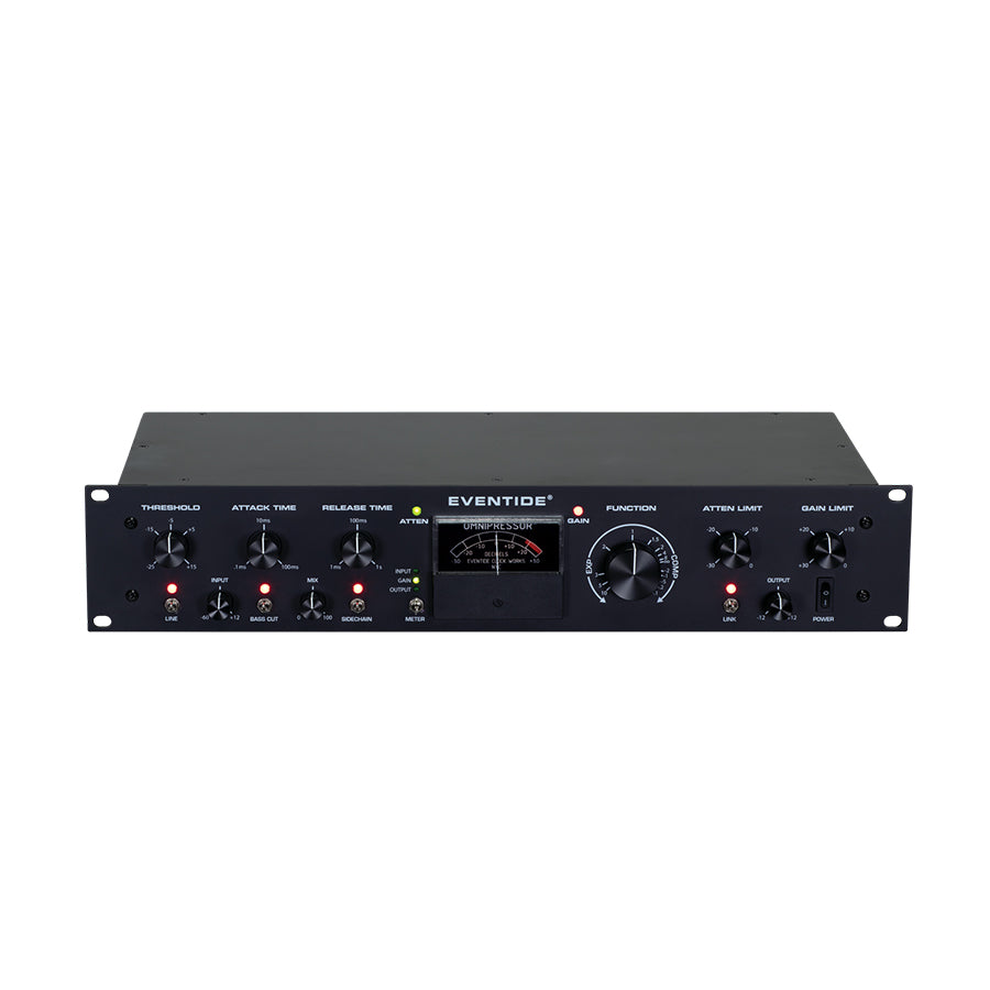Black rackmount audio processor with multiple rotary knobs, toggle switches, and an analog meter labeled Omnipressor.