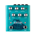 Teal guitar effects pedal with six control knobs, two footswitches, and LED indicators labeled RipTide Eventide.