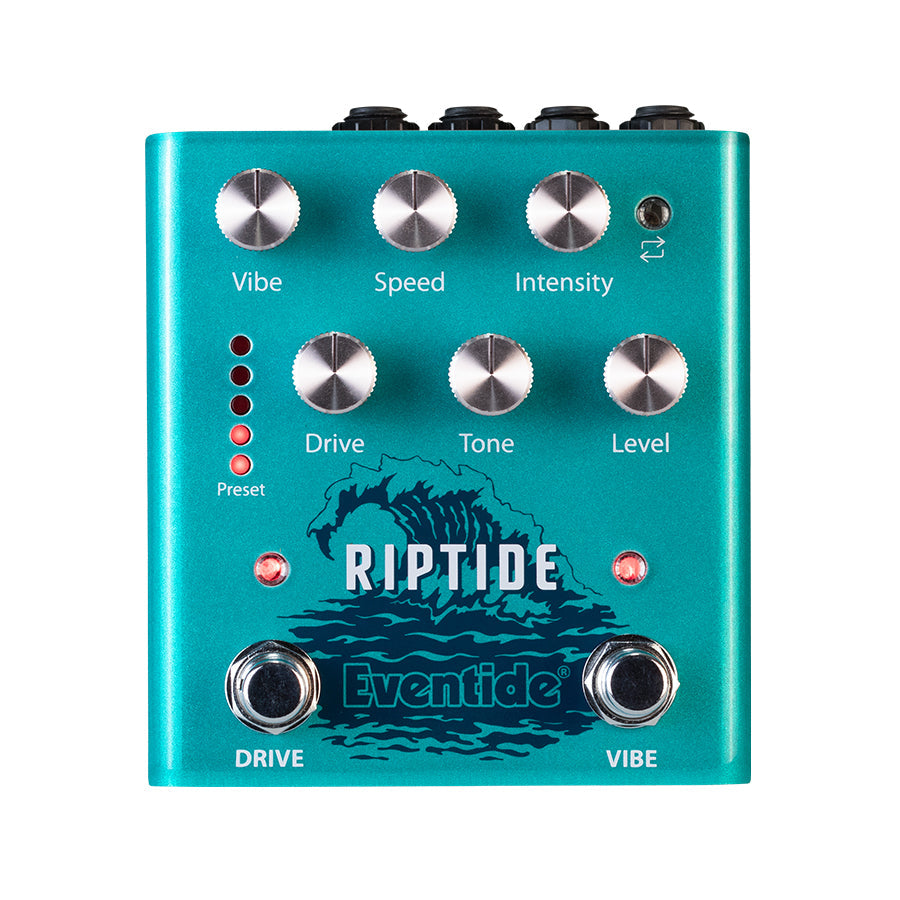 Teal guitar effects pedal with six control knobs, two footswitches, and LED indicators labeled RipTide Eventide.