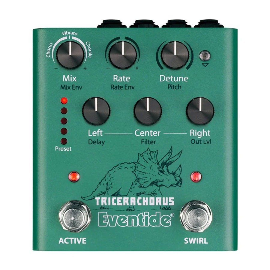 Green guitar effects pedal with knobs for Mix, Rate, Detune, Left, Center, Right, two footswitches, and LED indicators.