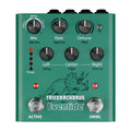 Green guitar effects pedal with knobs for Mix, Rate, Detune, Left, Center, Right, two footswitches, and LED indicators.