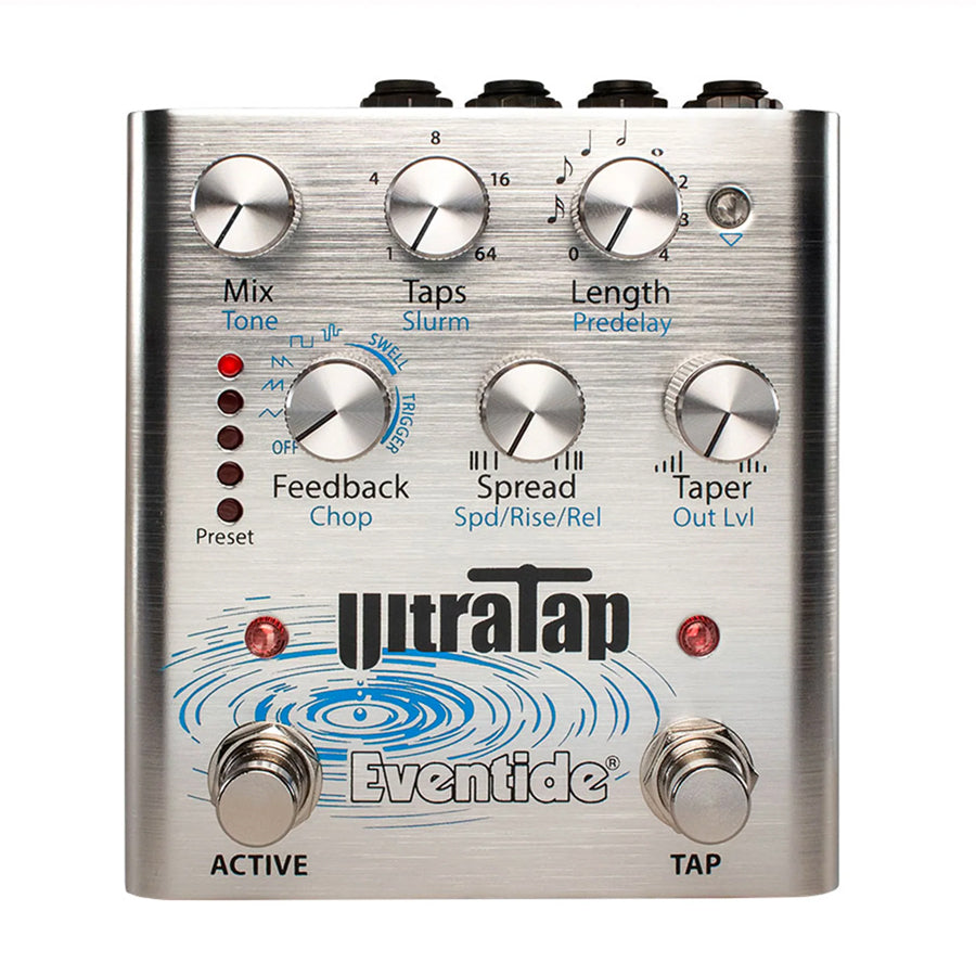 Metal Eventide UltraTap audio effects pedal with multiple knobs, two footswitches, and red indicator LEDs on front panel.