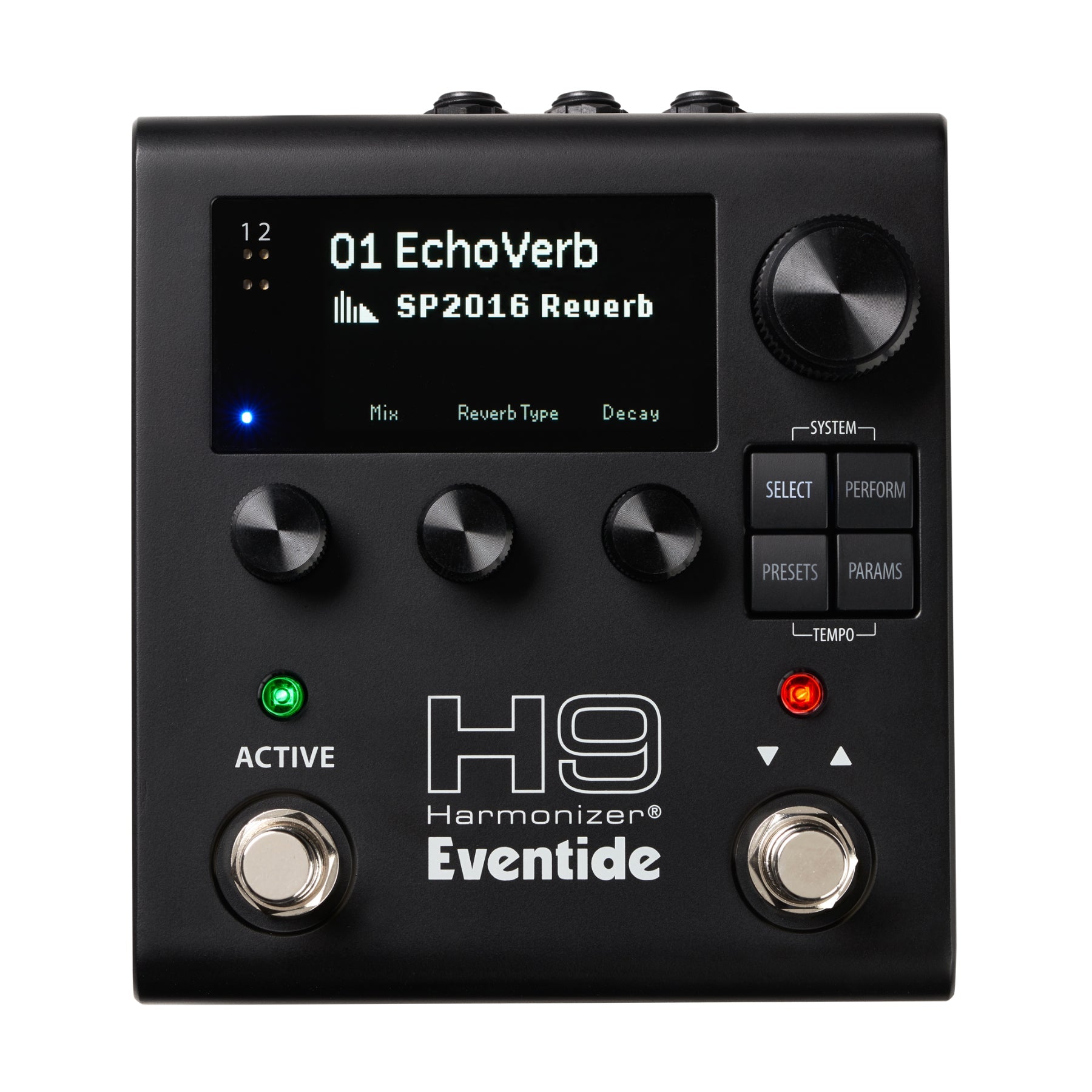 Black Eventide H9 Harmonizer pedal with screen displaying EchoVerb reverb preset and various knobs and buttons visible.