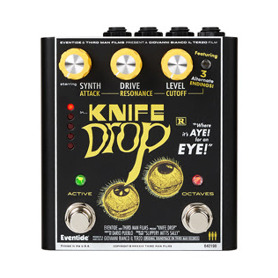 Black guitar effects pedal with three yellow rotary knobs, two footswitches, and eye illustrations on the faceplate.