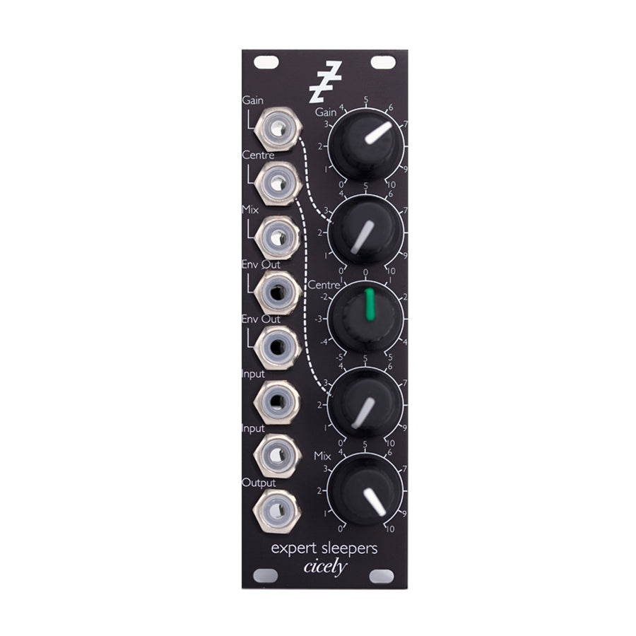 Black Eurorack module with five rotary knobs and eight 3.5mm audio jacks labeled with signal functions.