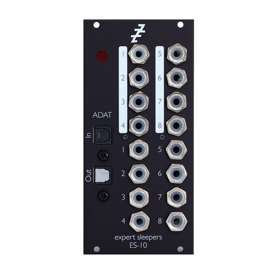 Black eurorack module with multiple 1/4 inch jacks and two optical ADAT In/Out ports labeled ES-10 by expert sleepers.