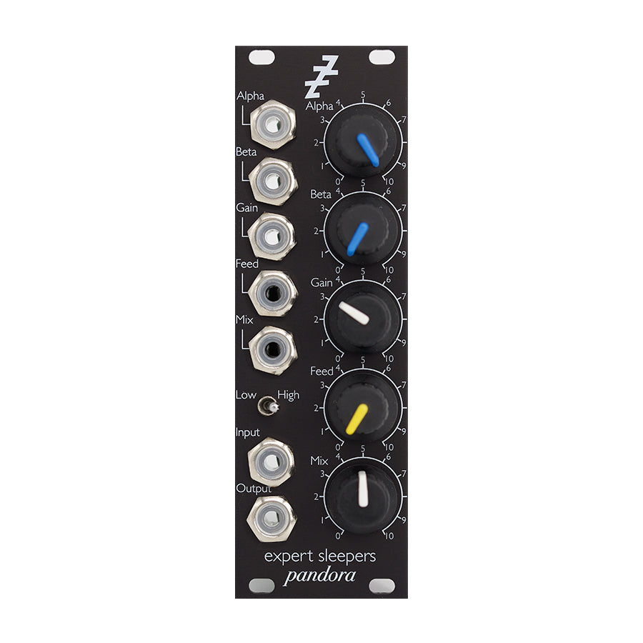 Black Eurorack module with knobs, toggle switch, and multiple 3.5mm audio jacks labeled Alpha, Beta, Gain, Feed, Mix, Input, and Output.