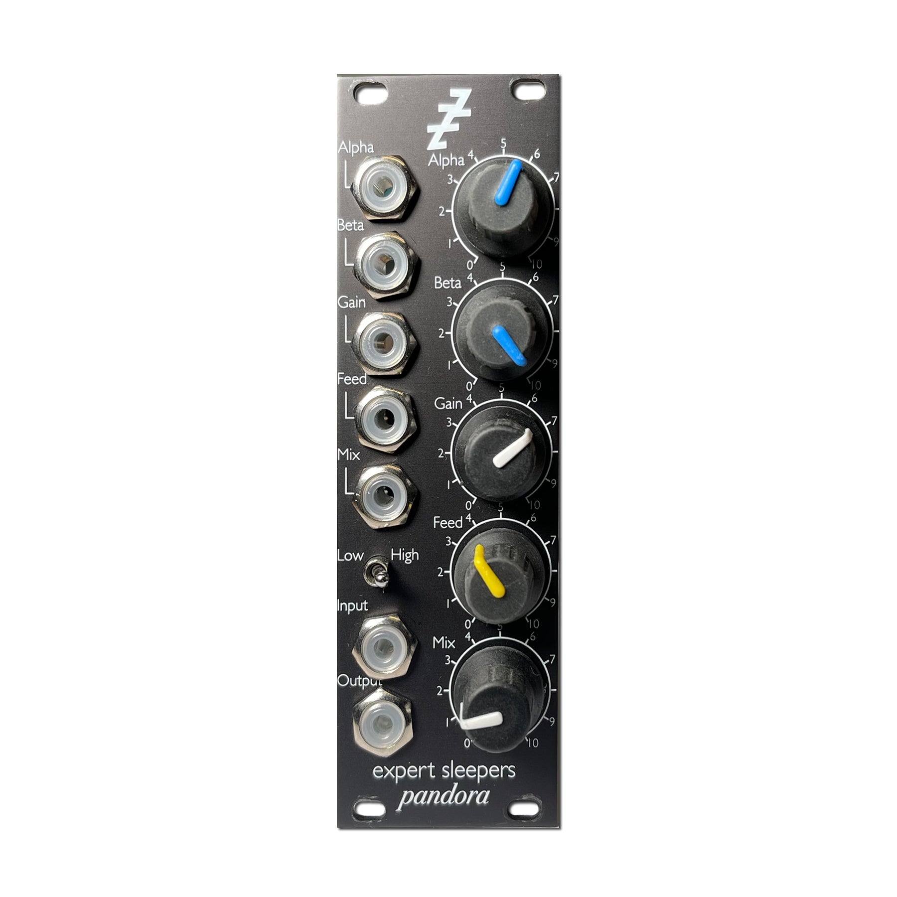 Black Expert Sleepers Pandora eurorack module with six knobs, six jack sockets, and one toggle switch.