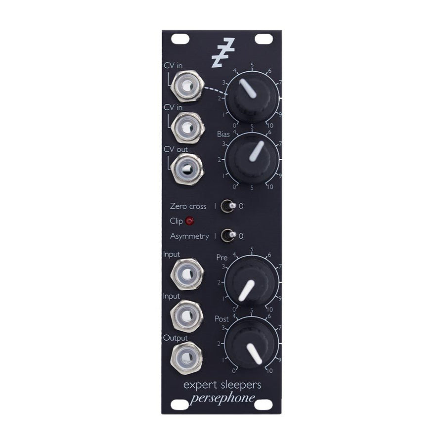 Black eurorack module with multiple jack inputs, outputs, knobs, toggle switches, and a red LED indicator.