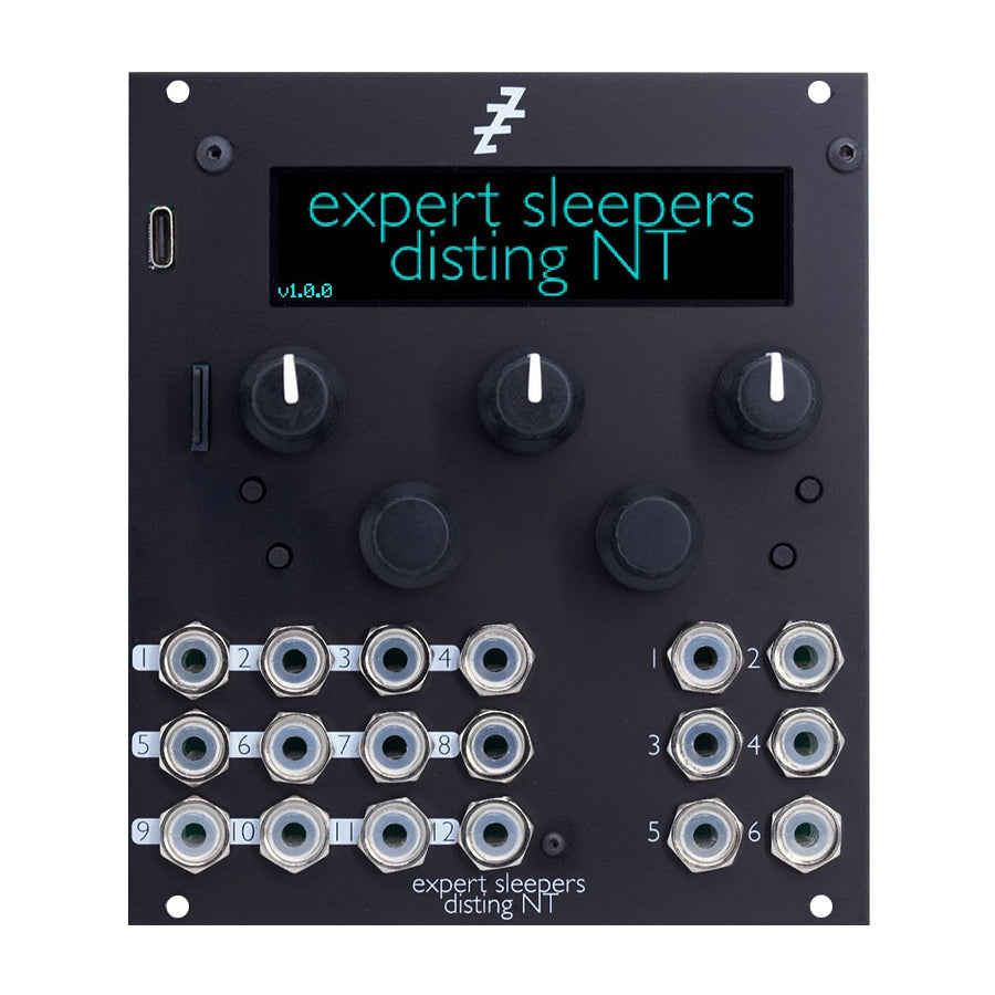 Black Eurorack module with multiple 3.5mm jacks, five rotary knobs, two push buttons, and display reading expert sleepers disting NT.