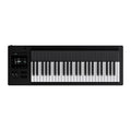 Black synthesizer keyboard with 49 keys, touchscreen display, knobs, sliders, and buttons on the left side.