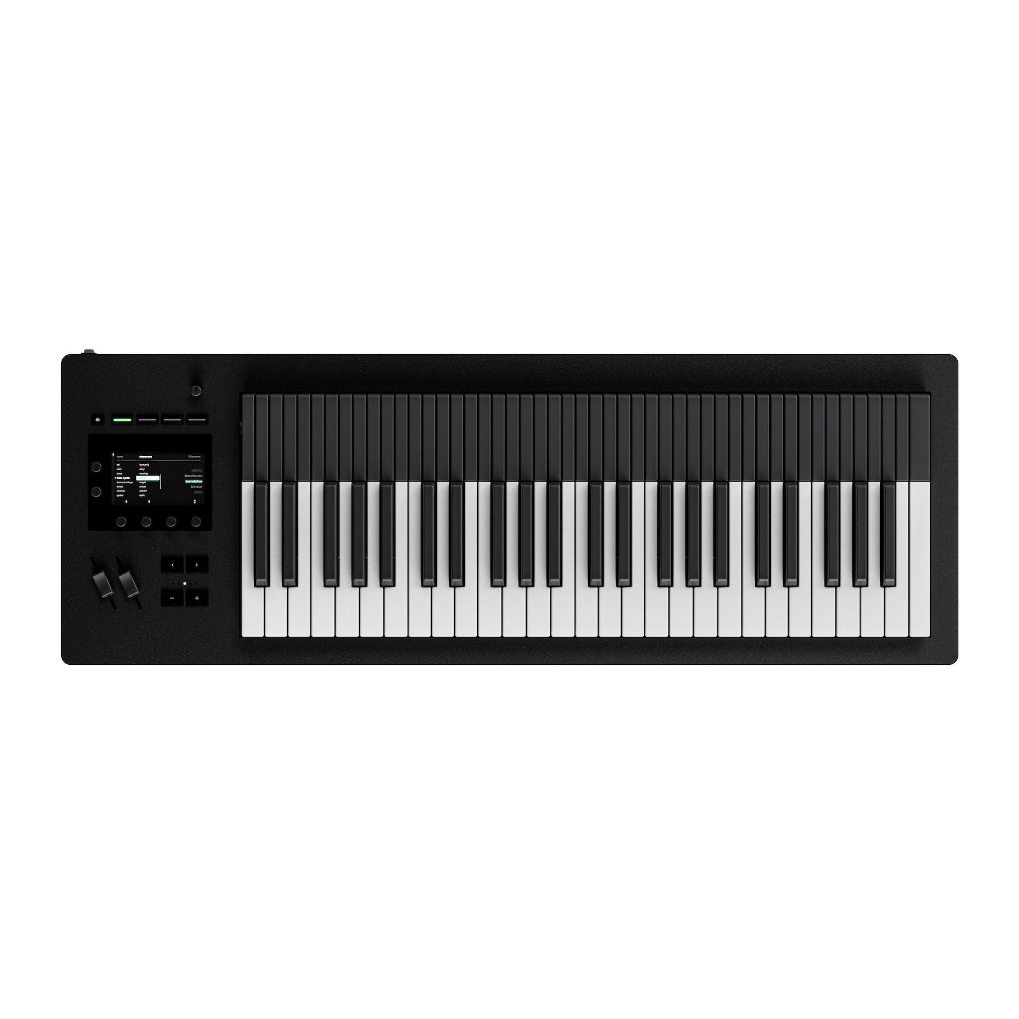 Black synthesizer keyboard with 49 keys, touchscreen display, knobs, sliders, and buttons on the left side.