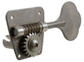Close-up of a single aged nickel metal bass guitar tuning machine head with worm gear and tuning peg.