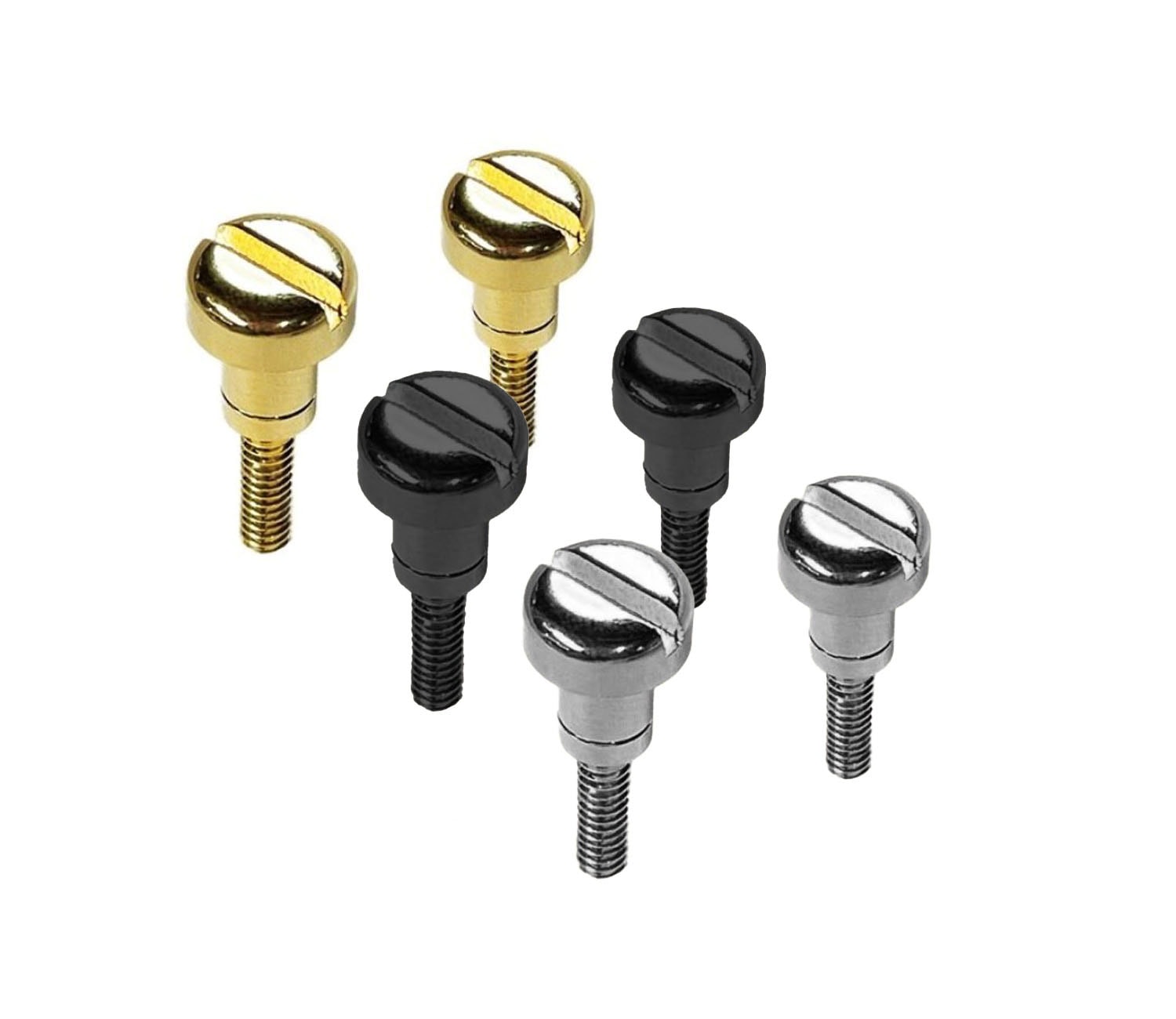 Set of six metal screws with knob heads in gold, black, and silver colors with flathead slots.