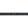 Front panel of a black audio interface with knobs, buttons, headphone and microphone jacks, and blue LED indicators.