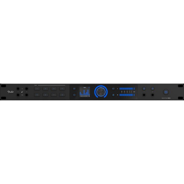 Front panel of a black audio interface with knobs, buttons, headphone and microphone jacks, and blue LED indicators.