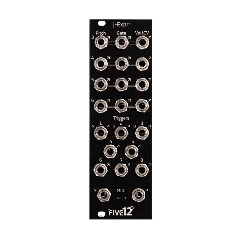 Black module with multiple labeled 1/8 inch jacks for pitch, gate, velocity/CV, triggers, and MIDI TRS B ports