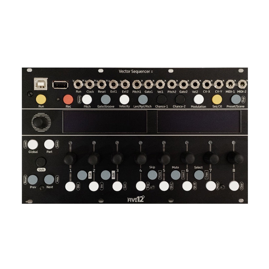 Black Five12 Vector Sequencer II with knobs, buttons, sliders, USB ports, and multiple 3.5mm jacks shown front view.