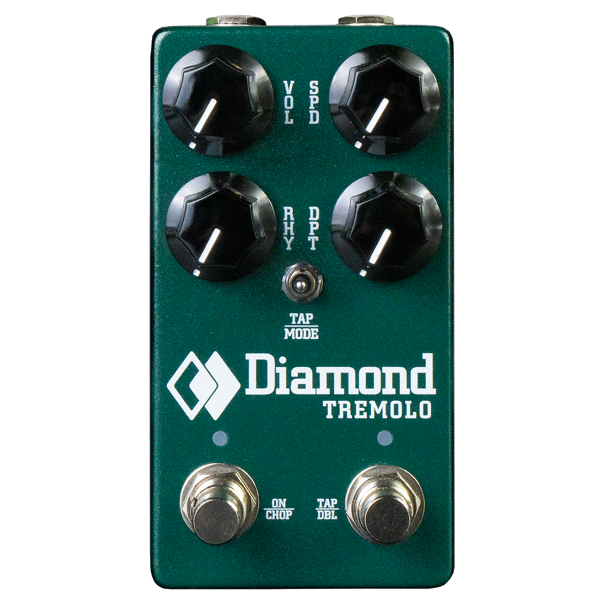 Green modulation pedal with four knobs, a toggle switch, two footswitches, and Diamond Tremolo branding.