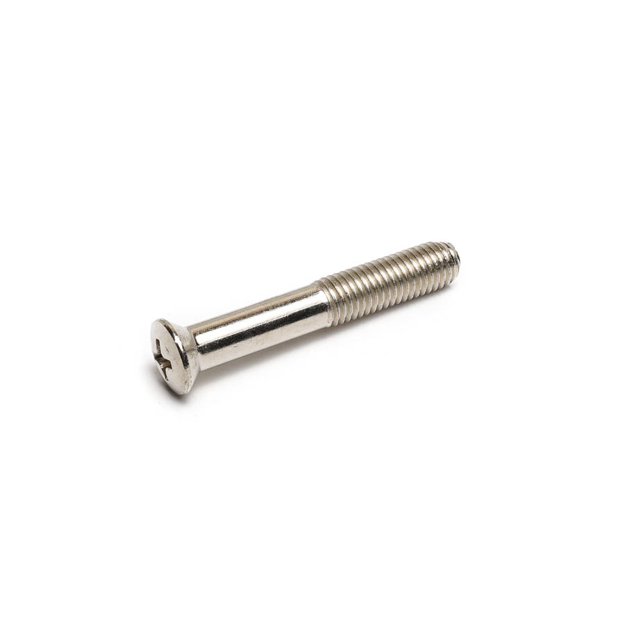 Silver metal bolt with a cross slotted head and partially threaded shaft on a white background.