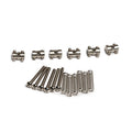 Set of six small metal threaded saddles, six screws, and six springs arranged on a white background.