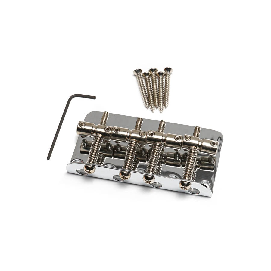 Chrome metal bass bridge with four adjustable saddles, four screws, and an Allen wrench on a white background.