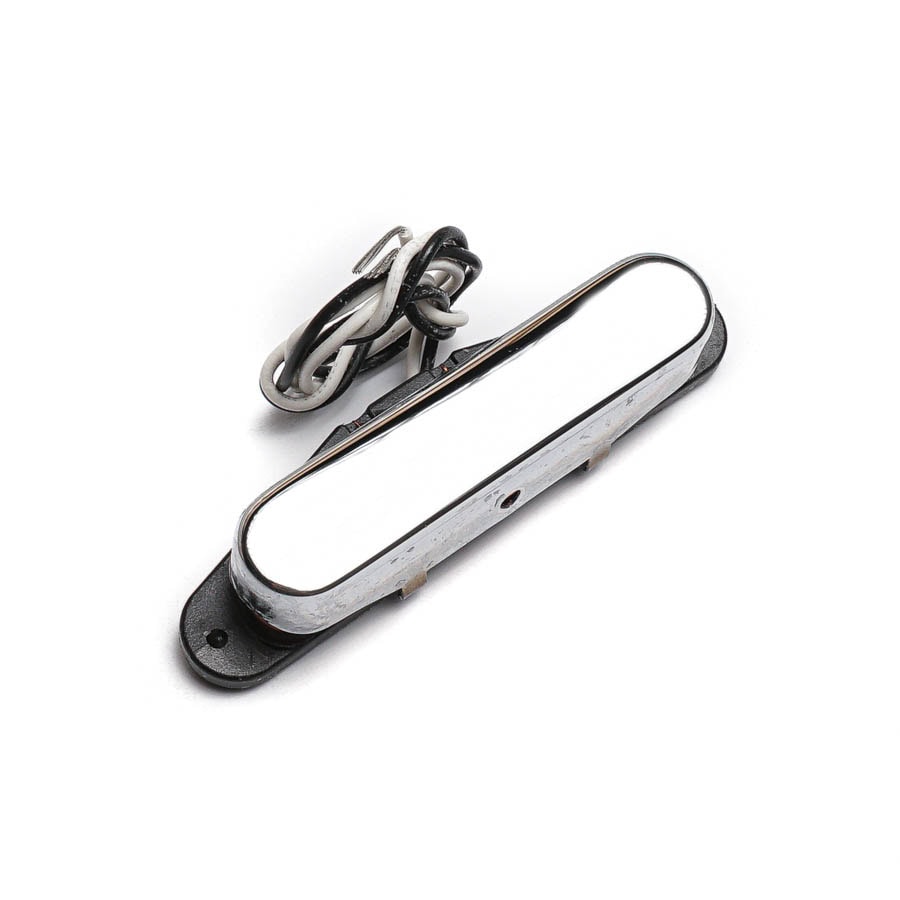 Silver guitar pickup with a rectangular shape and attached black and white wires on a white background.