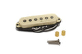 Cream-colored electric guitar pickup with black base, wires, two screws, and two yellow plastic spacers.