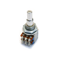 Close-up image of a metal rotary potentiometer with two stacked sections and solder lugs on a white background.